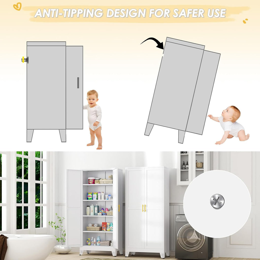 GAIOUS 71' Tall Metal Storage Cabinet with 2 Doors and 4 Adjustable Shelves, Kitchen Pantry Cabinet White Freestanding Cupboard, 5 Tier Multifunctional Steel Storage for Office, Kitchen, Dining Room