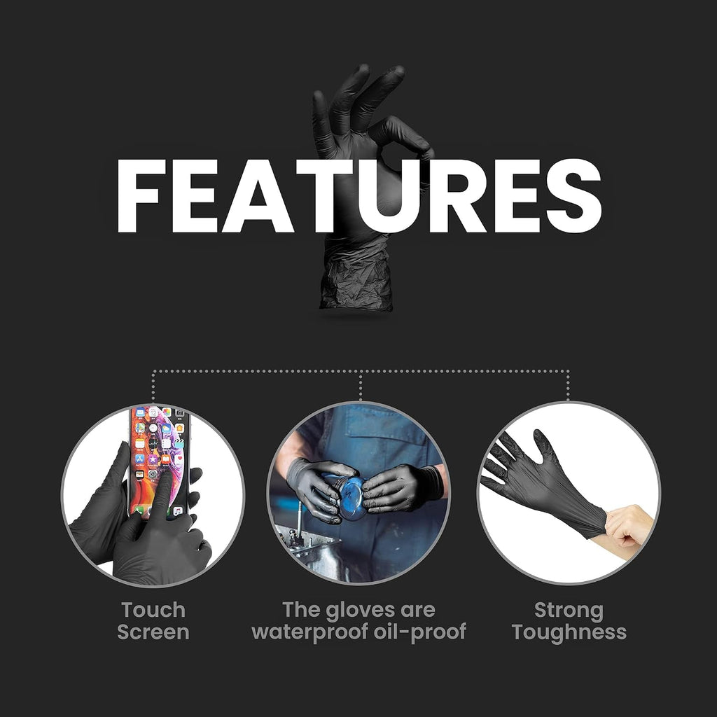 HandCare 6 Mil Black Nitrile Disposable Gloves, Powder-Free & Latex-Free for Cleaning, Food Prep & Tattoo