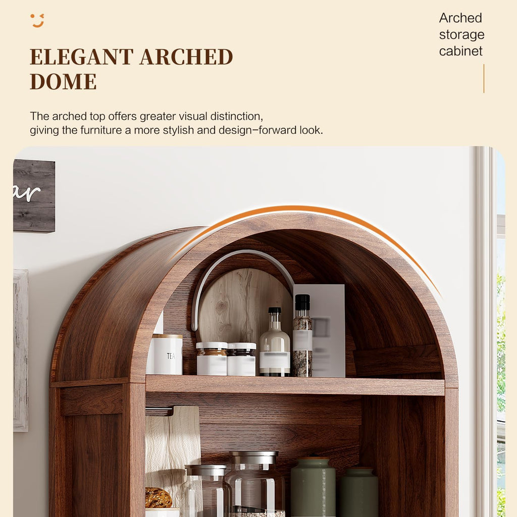 Ieejdn 71' Tall Arched Kitchen Pantry,Modern Fluted Wood Storage Cabinet with Doors,Adjustable Shelves,Organizer, Versatile Cupboard for Kitchen,Living Room,Dining Room,Bathroom,Walnut3