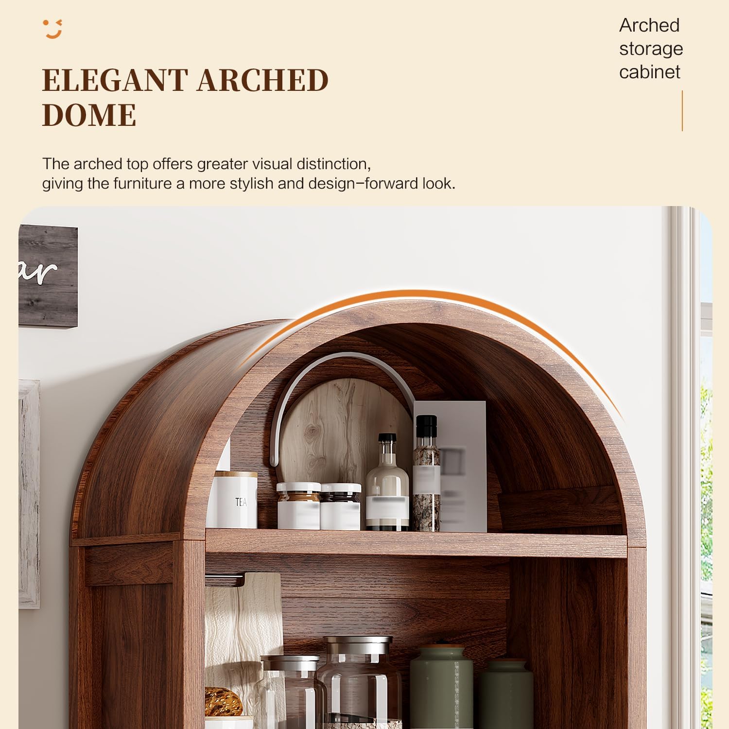 Ieejdn 71' Tall Arched Kitchen Pantry,Modern Fluted Wood Storage Cabinet with Doors,Adjustable Shelves,Organizer, Versatile Cupboard for Kitchen,Living Room,Dining Room,Bathroom,Walnut3