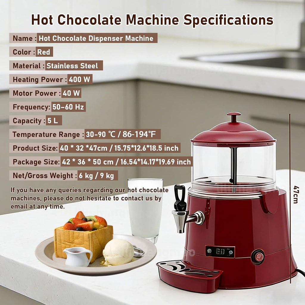 Electric Hot Chocolate Dispenser, Commercial Beverage Warmer with Faucet & Drip Tray, for Large Volume Heating of Milk, Coffee, Tea, for Cafés, Hotels, Bubble Tea Shops 5L-Red