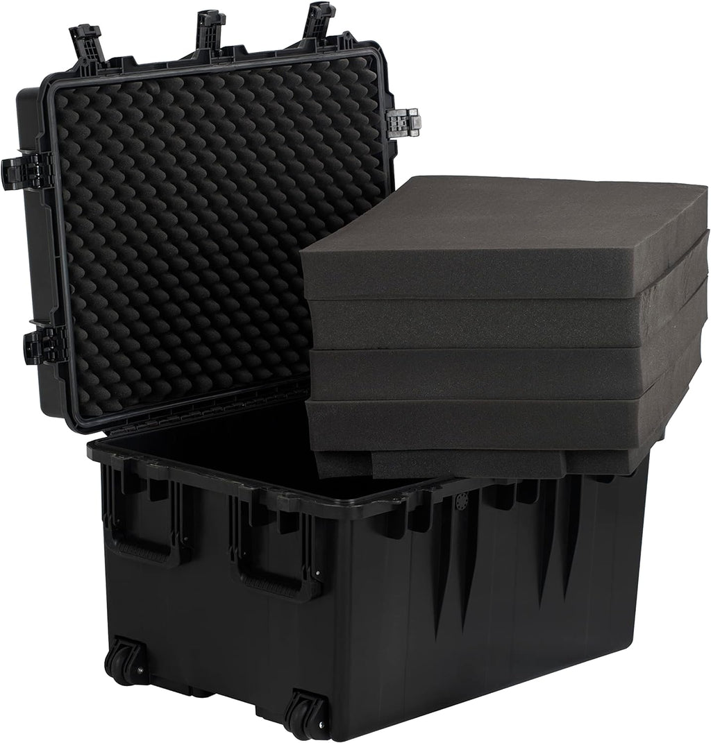 MEIJIA Portable All Weather Waterproof Camera Case,Customizable Fit Foam with Rolling Wheels and Retractable Pull Handle,33.25'X24.4'X19.3'