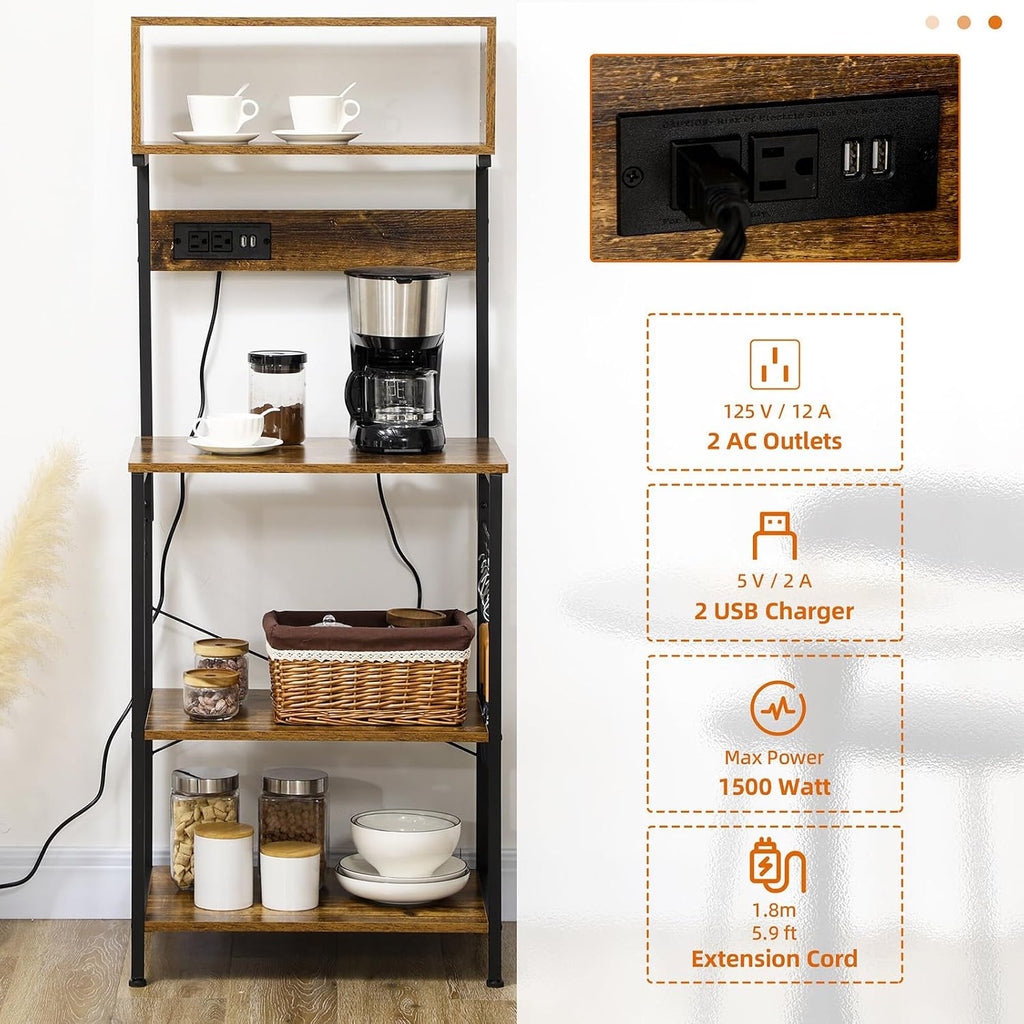 Kitchen Baking Rack with Power Socket, Microwave Stand with Adjustable Shelves and 5 Hooks, 4-Tier Stand for Kitchen, Living Room, Small Space, Mini Narrow Bread Rack, Country Brown