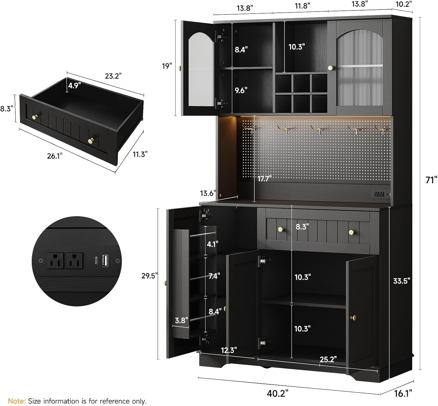 ONBRILL 71' Kitchen Pantry Cabinet with Microwave Shelf & Door Shelves, Kitchen Hutch with Outlet & LED Light, Wood Pantry Storage with DIY Pegboard & 6 Hook, Modern Cabinet with Drawer & Wine Rack
