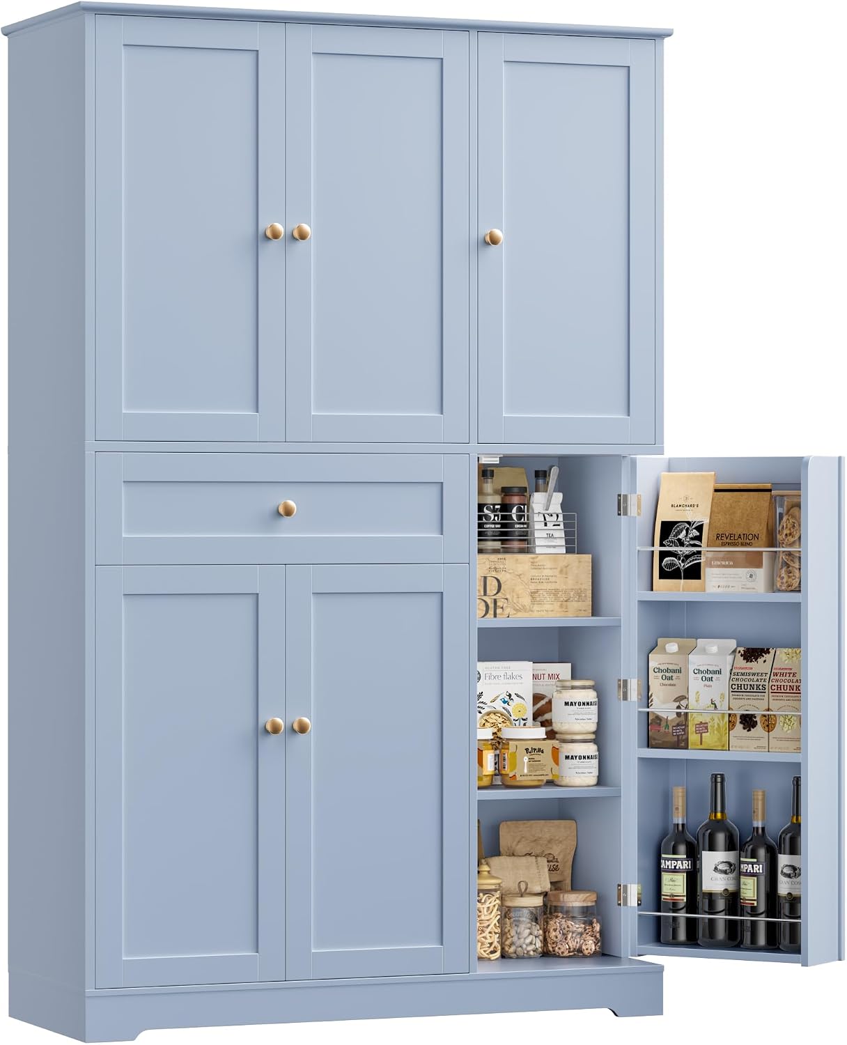 HOSTACK 68' Tall Kitchen Pantry Storage Cabinet, Modern Kitchen Hutch Cabinet with Doors and Shelves, Freestanding Food Pantry with Large Storage Drawer for Dining Room, Living Room, Light Blue