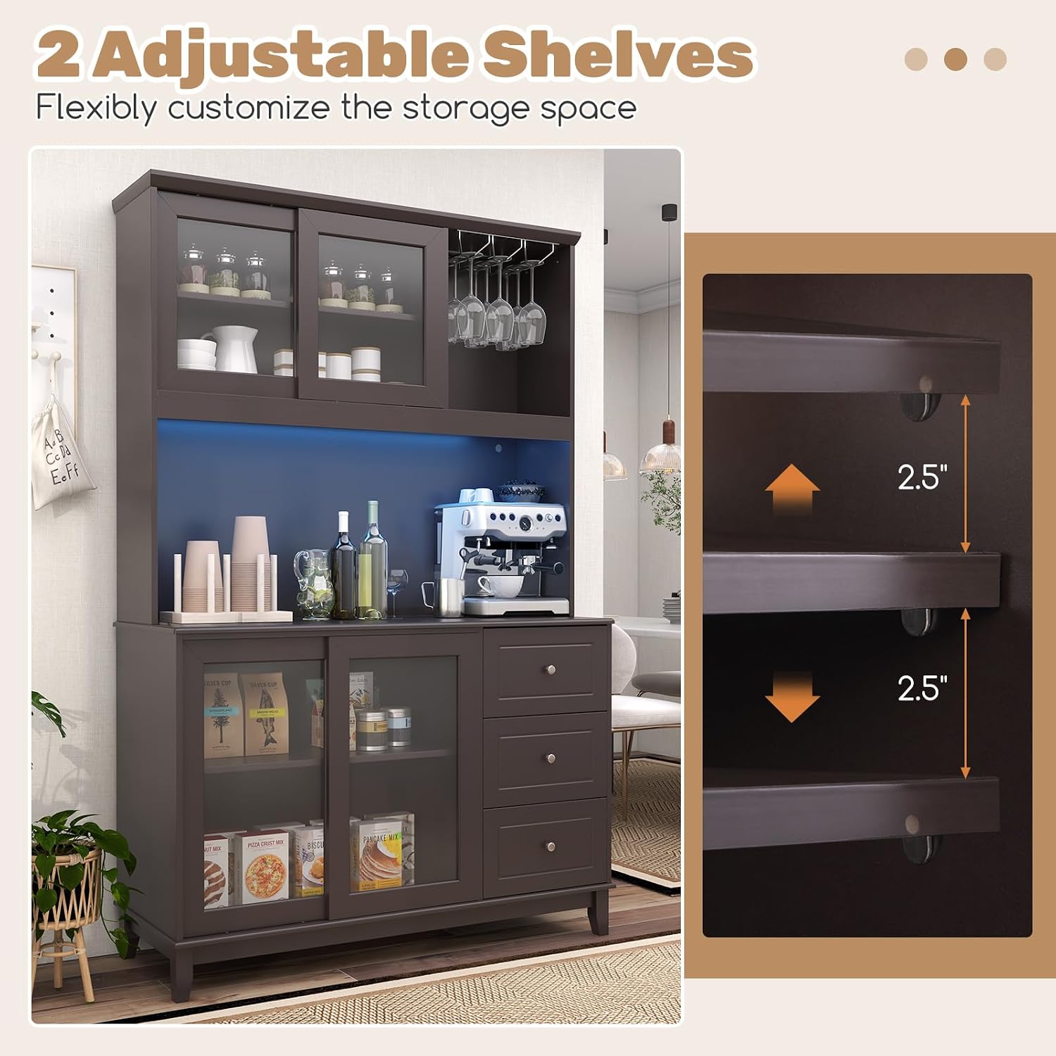 Giantex 73' Kitchen Pantry Storage Cabinet, Hutch Cabinet with LED Lights & Power Outlet, Kitchen Buffet Sideboard w/Wine Glass Racks, Countertop, Adjustable Shelf, Drawers for Dining Room (Espresso)