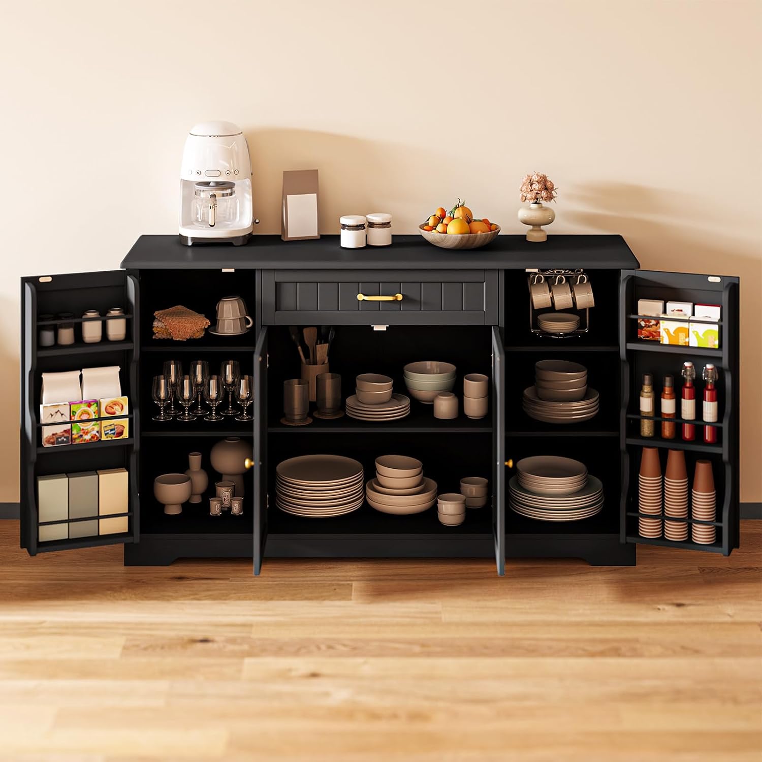 Gizoon 56' Kitchen Coffee Bar Cabinet with Storage Kitchen Sideboard Buffet Cabinet with Drawers, Short Pantry with Door and Shelves for Bathroom and Living Room, Black
