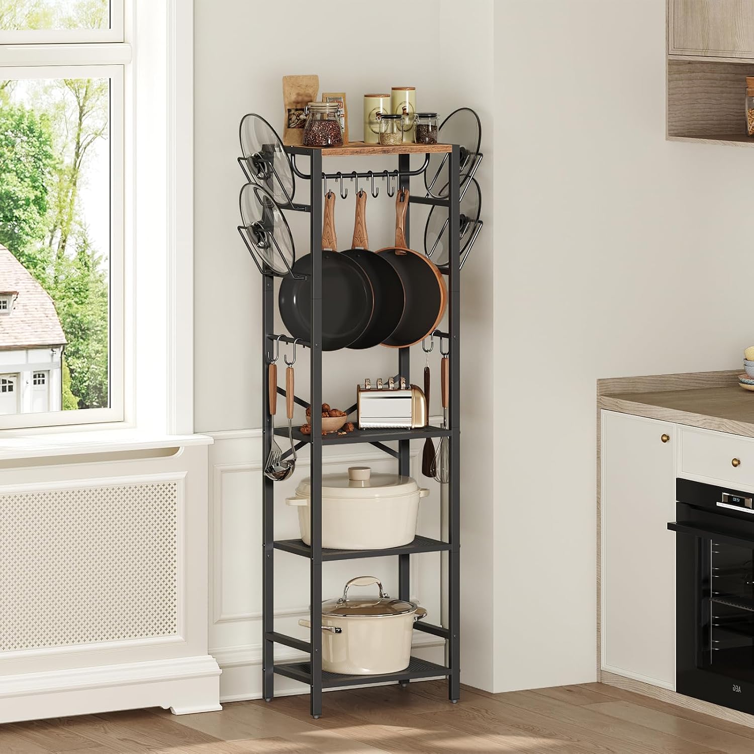 MAHANCRIS Bakers Rack with Power Outlet and 4-Tier Pot Rack Bundle, Pots and Pans Organizerand for Kitchen, BRHR40E01N1-POHR3001