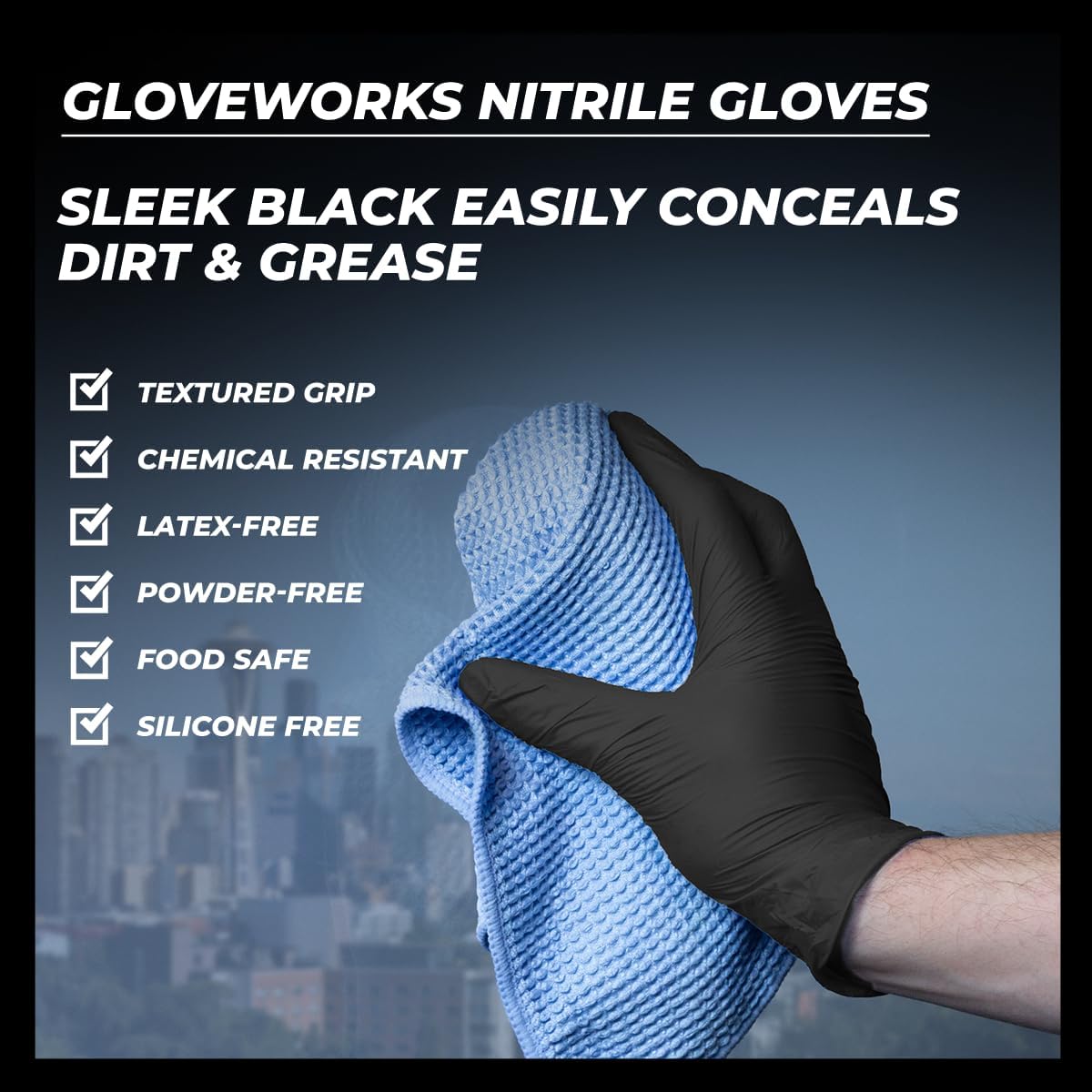 GLOVEWORKS Black Nitrile Gloves 5 Mil Disposable, Latex Free, Textured Grip for Food Service, Cooking, Professional Cleaning