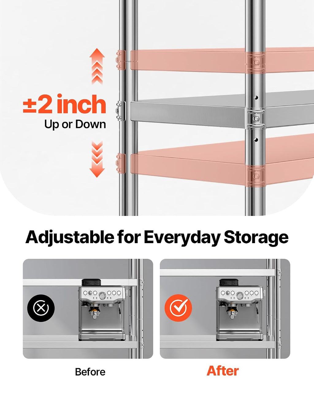 VBENLEM Stainless Steel Shelves 48x18.5 Inch 5 Tier Adjustable Shelf Storage Unit Stainless Steel Rack Shelving Heavy Duty Shelving for Kitchen Commercial Office Garage Storage 330lb Per Shelf