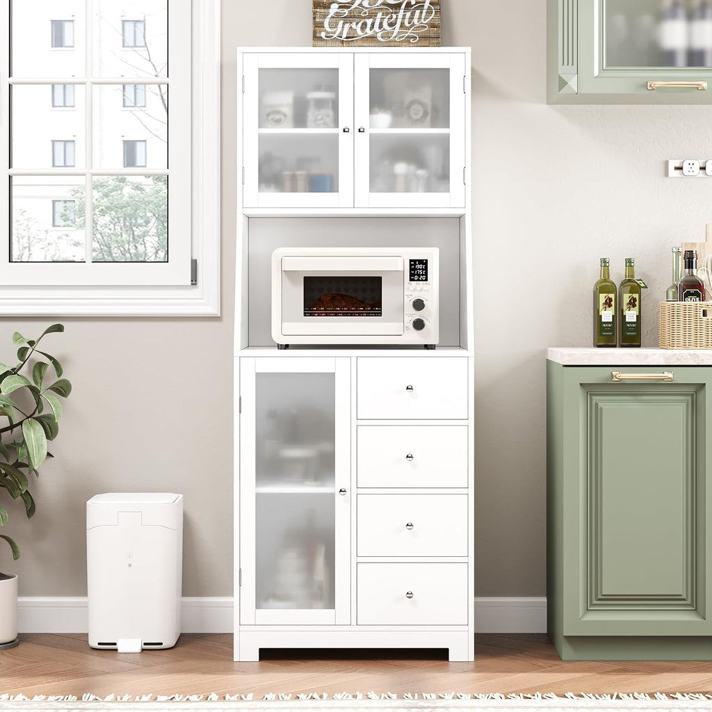 BOTLOG 64'' Kitchen Pantry Storage Cabinet, Tall Kitchen Storage Cabinet with Microwave Stand, Hutch Cabinet with Adjustable Shelves, for Dining Room (White)