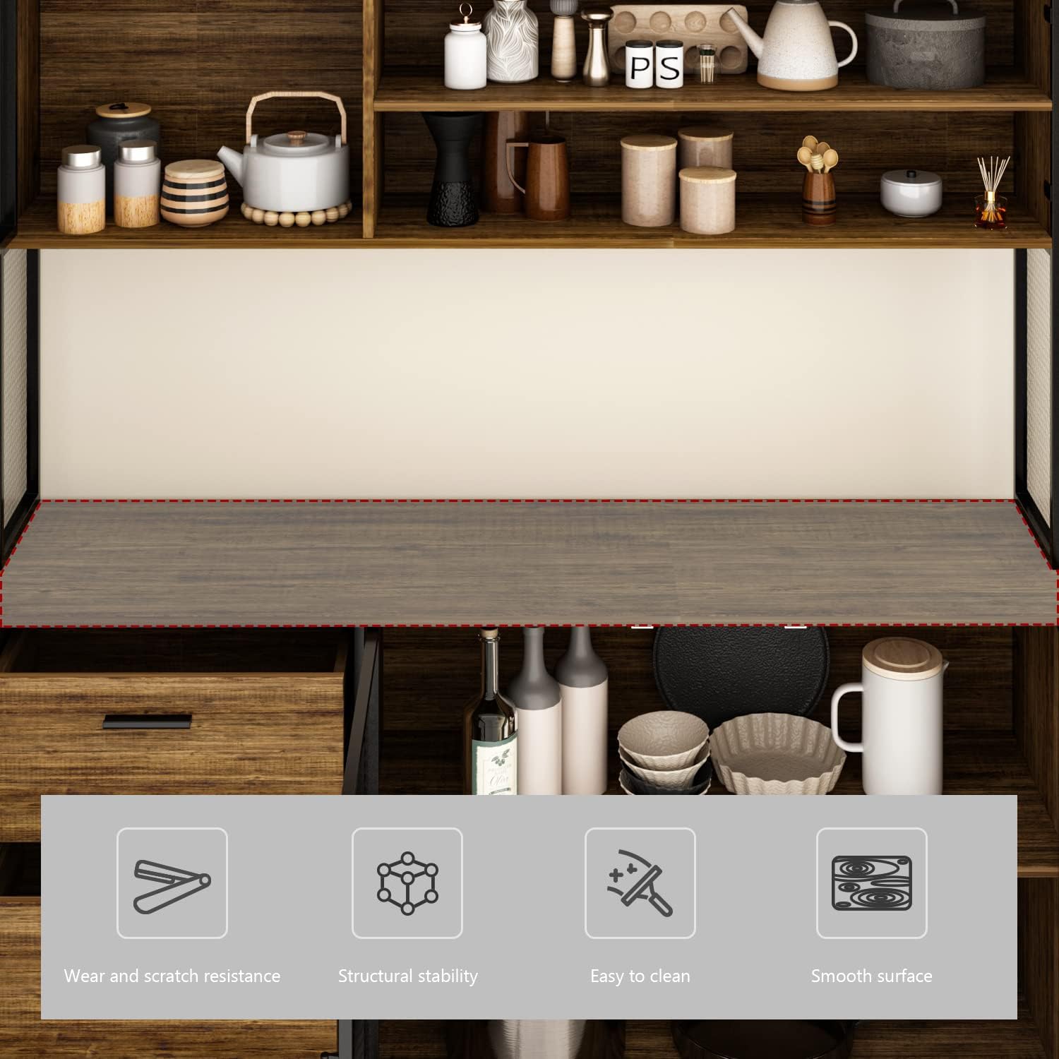 AGOTENI Large Kitchen Hutch Cabinet, Storage Cupboard Pantry with 3 Metal Doors, 3 Drawers & Microwave Shelf, for Kitchen Open Storage, Rustic Brown (59' W x 15.7' D x 68.5' H)