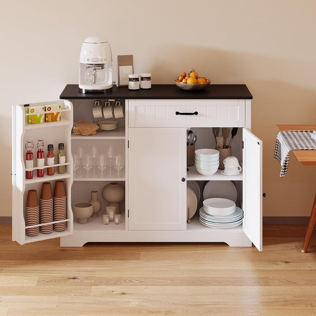 Gizoon Kitchen Coffee Bar Cabinet with Storage Kitchen Sideboard Buffet Cabinet with Drawers, Short Pantry with Door and Shelves for Bathroom and Living Room, White and Black, Painted