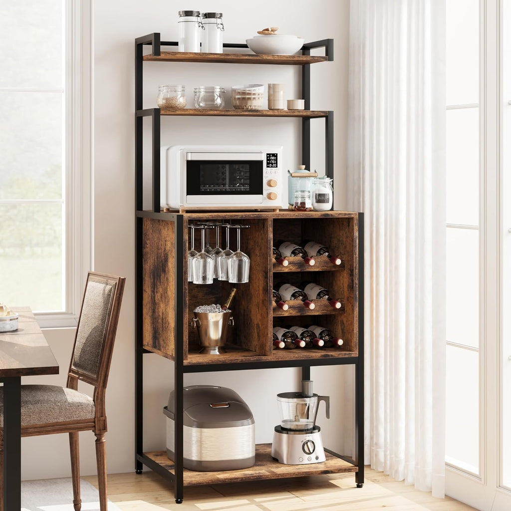 Bakers Rack with Power Outlets, 5-Tier Microwave Oven Stand with Drawer and Sliding Shelves, Freestanding Coffee Bar, Kitchen Storage Shelf with 2 Drawer,Brown