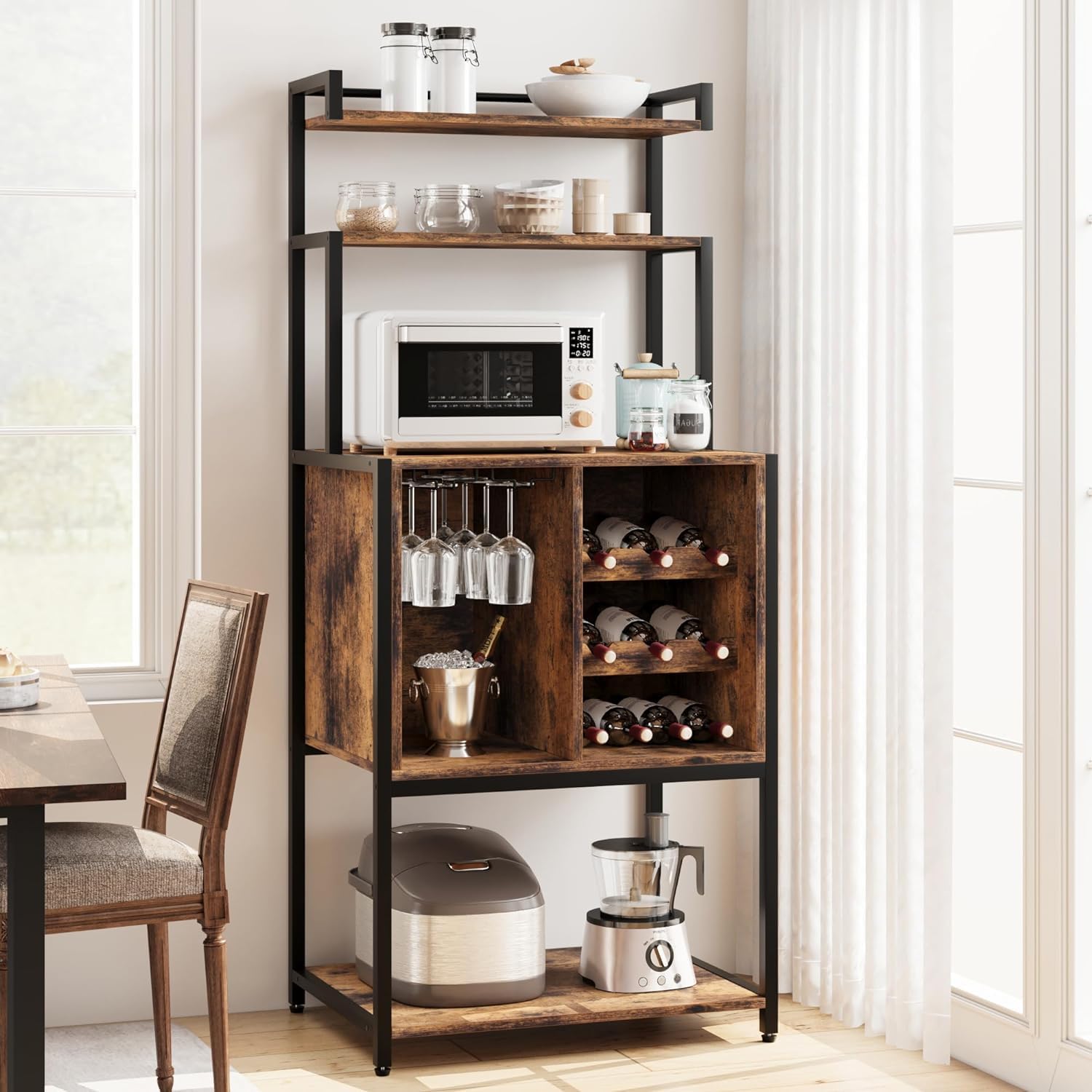 Bakers Rack with Power Outlets, 5-Tier Microwave Oven Stand with Drawer and Sliding Shelves, Freestanding Coffee Bar, Kitchen Storage Shelf with 2 Drawer,Brown