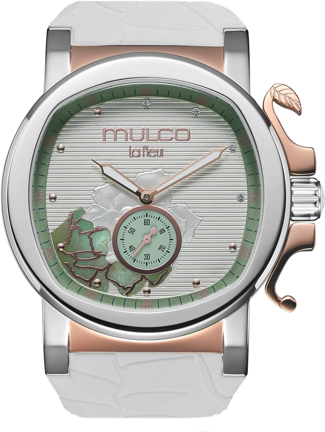 MULCO Le Fleur Gardenia Women's Watch – 43 mm Stainless-Steel Case, Rose-Gold Bezel, Mother-of-Pearl Dial with Crystal Accents, Pure Silicone Strap, Quartz Multifunction Movement, 10 ATM Waterproof