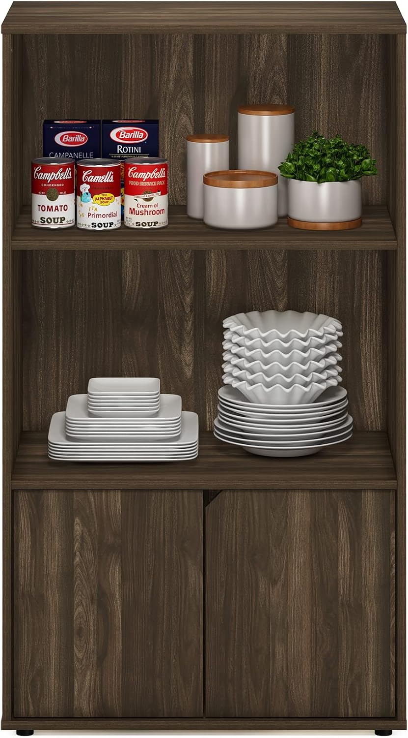 Furinno Jaya Pantry Organizers, 3-Tier Kitchen Cabinet, Coffee Bar, Kitchen Storage with Open Shelves and Closed Cabinet, for Pantry Organizers and Storage, Brown Walnut