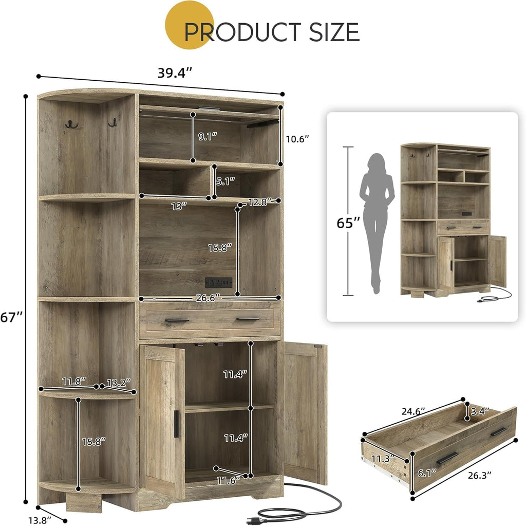 YITAHOME Kitchen Pantry Storage Cabinet, 67' Tall Kitchen Hutch with Outlet & Door & Shelves & Drawer, Farmhouse Wooden Microwave Stand Buffet Coffee Bar for Home Living Dining Room, Antique Gray