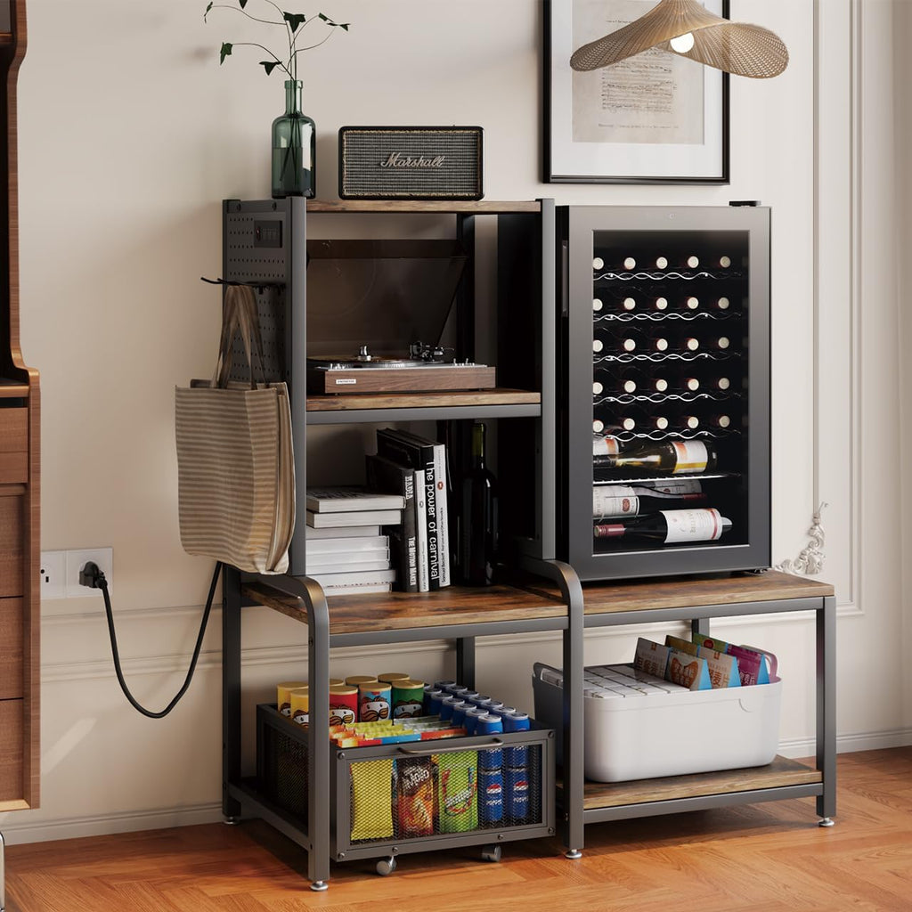 COCOLUCKY Mini Fridge Stand with Storage,Mini Fridge Cabinet,Bakers Rack with Power Outlet,Coffee Bar Cabinet,Microwave Oven Stand Rack with Large Capacity Basket for Dorm Home Office s1