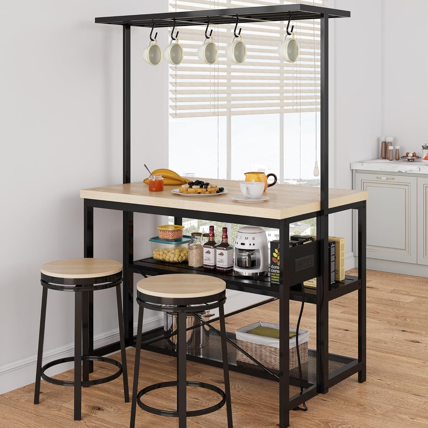 GarveeLife 47 in Kitchen Island with Power Outlet 3 Tier Storage Baker Rack Microwave Stand Oven Shelf 5 Hooks Natural Oak Finish for Dining Living Room