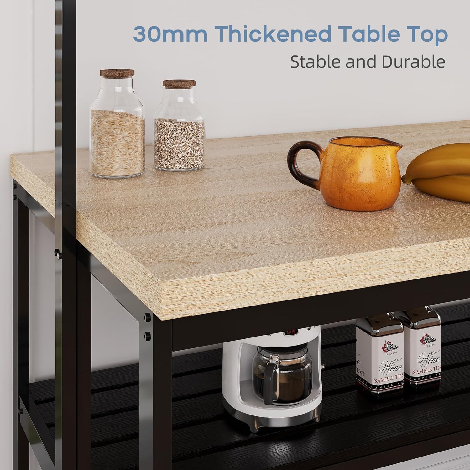 Wood Kitchen Island Table with Power Outlets, Baker's Rack, 3-Tier Shelves, 5 Hooks, Microwave Stand, Multi-Functional Large Coffee Bar for Kitchen, Dining, Living Room