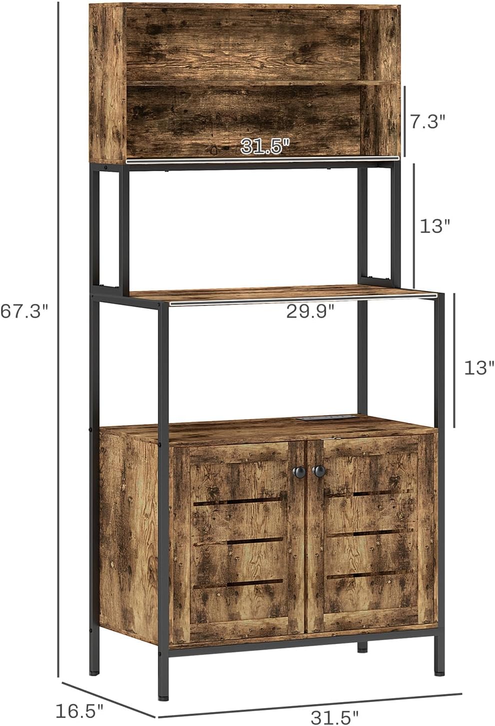 Bake Rack with Power Outlet, Kitchen Microwave Rack with Storage Space, Two Ac Outlets and Two U+B Ports, Rustic Brown (Brown)