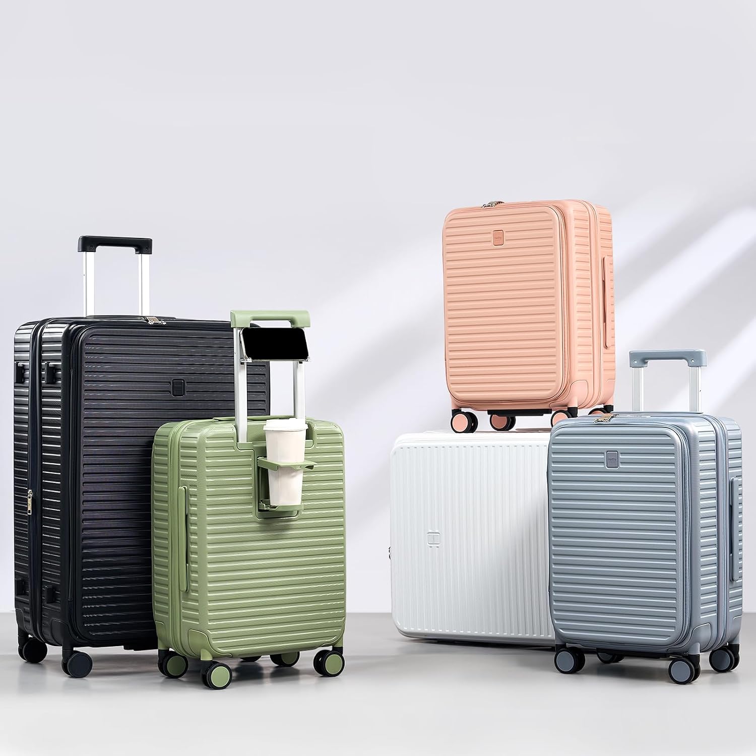 HanTrip Hard Shell Expandable Luggage Sets 2 Piece with Spinner Wheels Cup Holder, Top Opening Lightweight Luggage Rolling Suitcase, Carry On And Checked Luggage Set 2 Piece (Bamboo Green, 20/28)