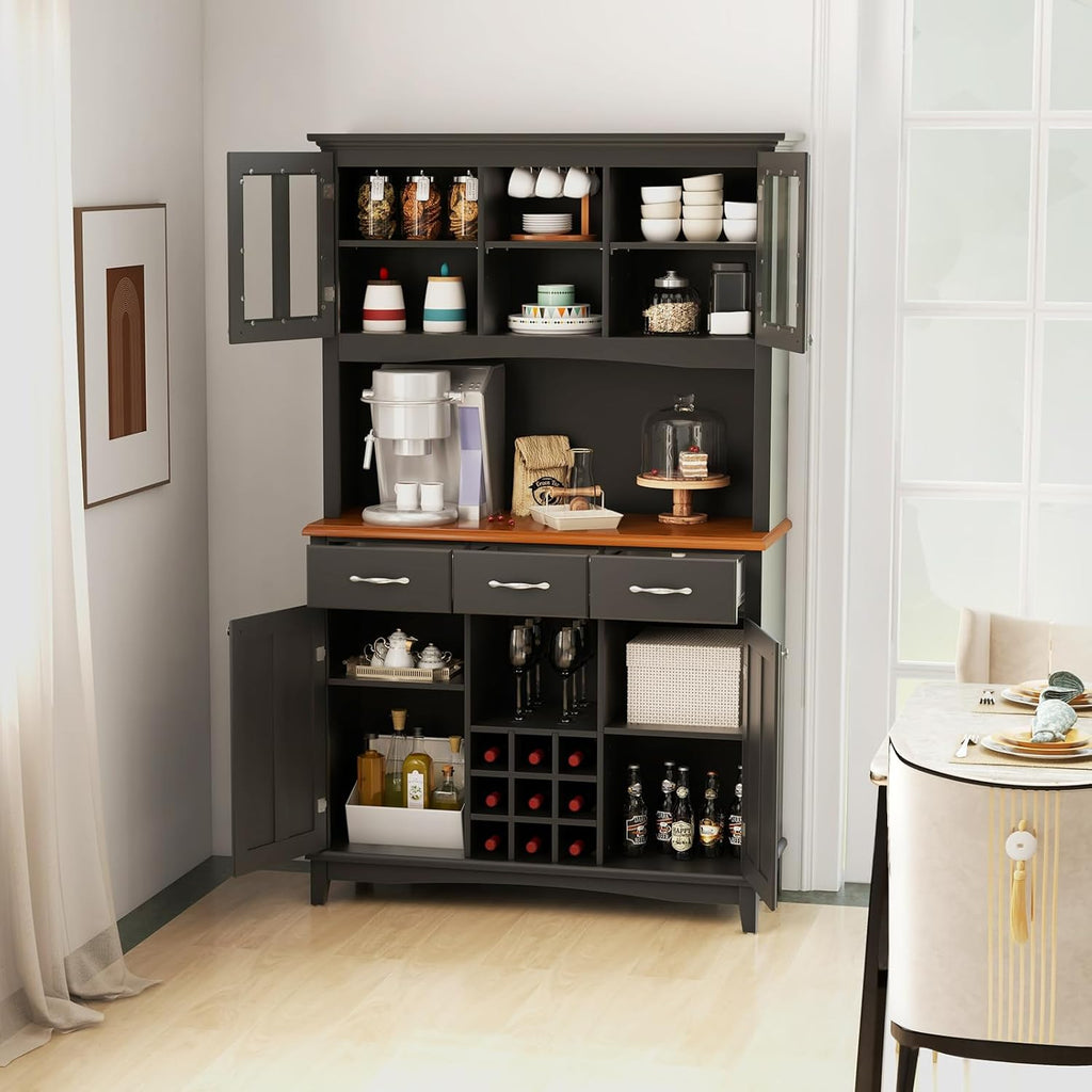 COSTWAY Kitchen Hutch Storage Cabinet, Freestanding Pantry Buffet Sideboard, Modern Buffet Cupboard w/Wine Rack, Adjustable Shelves, Tempered Glass Cabinets, Drawers, Microwave Stand (Black)