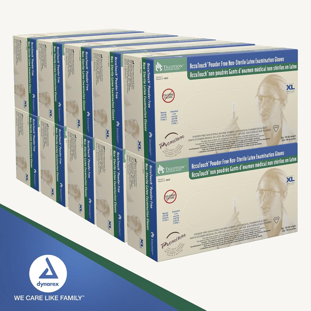 Dynarex AccuTouch Latex Exam Gloves, Powder-Free - X-Large 100 Count(Pack of 10)