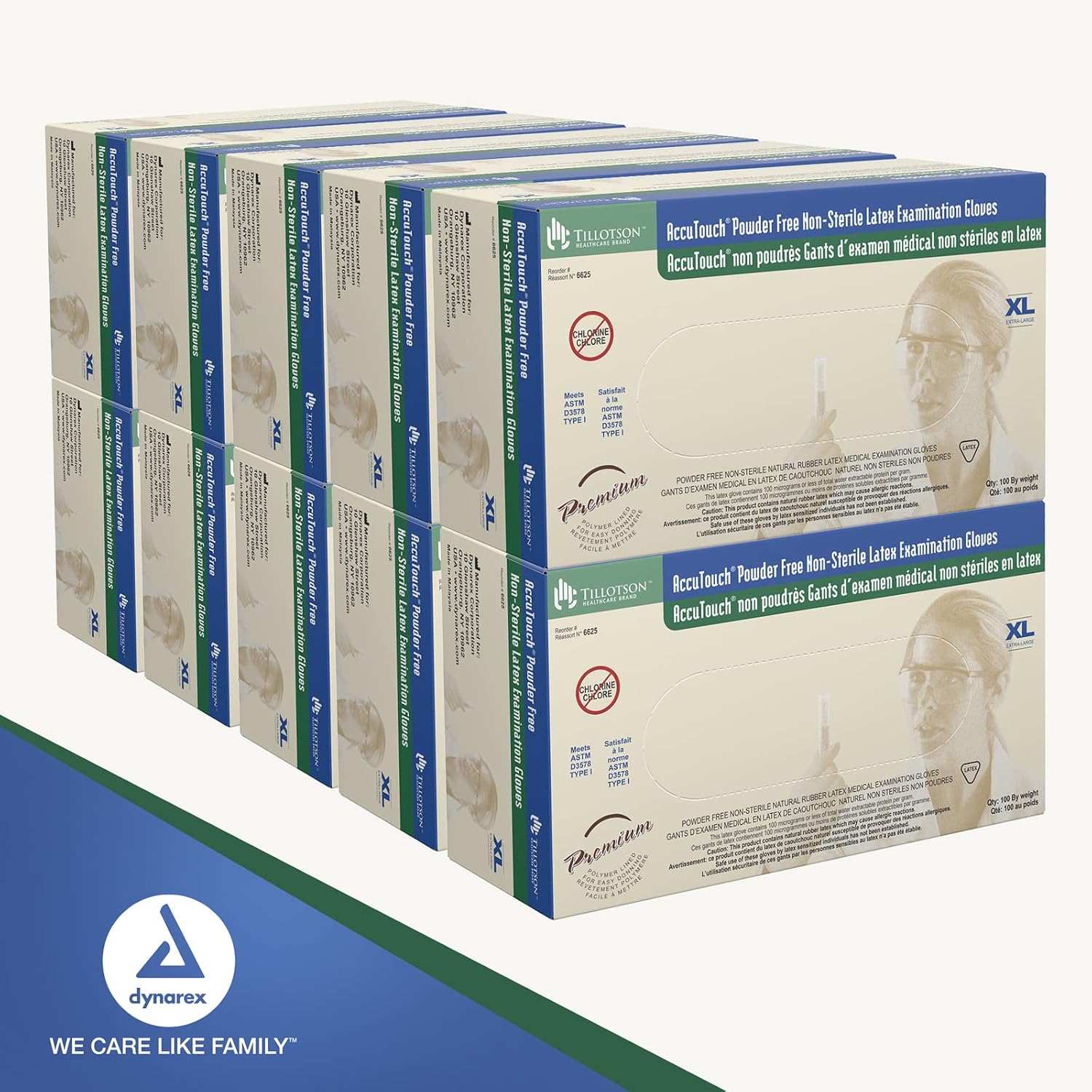 Dynarex AccuTouch Latex Exam Gloves, Powder-Free - X-Large 100 Count(Pack of 10)