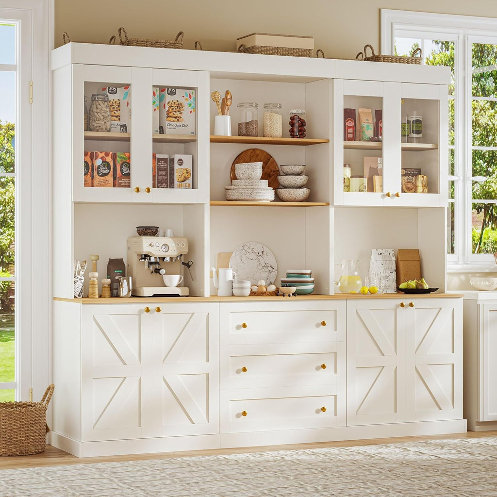 ivaniti 71' Farmhouse Kitchen Pantry Cabinet Set of 3, White Freestanding Coffee Bar Hutch with Glass Doors, Drawers & Adjustable Shelves, Large Storage Cabinet with Microwave Stand for Kitchen