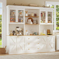 ivaniti 71' Farmhouse Kitchen Pantry Cabinet Set of 3, White Freestanding Coffee Bar Hutch with Glass Doors, Drawers & Adjustable Shelves, Large Storage Cabinet with Microwave Stand for Kitchen