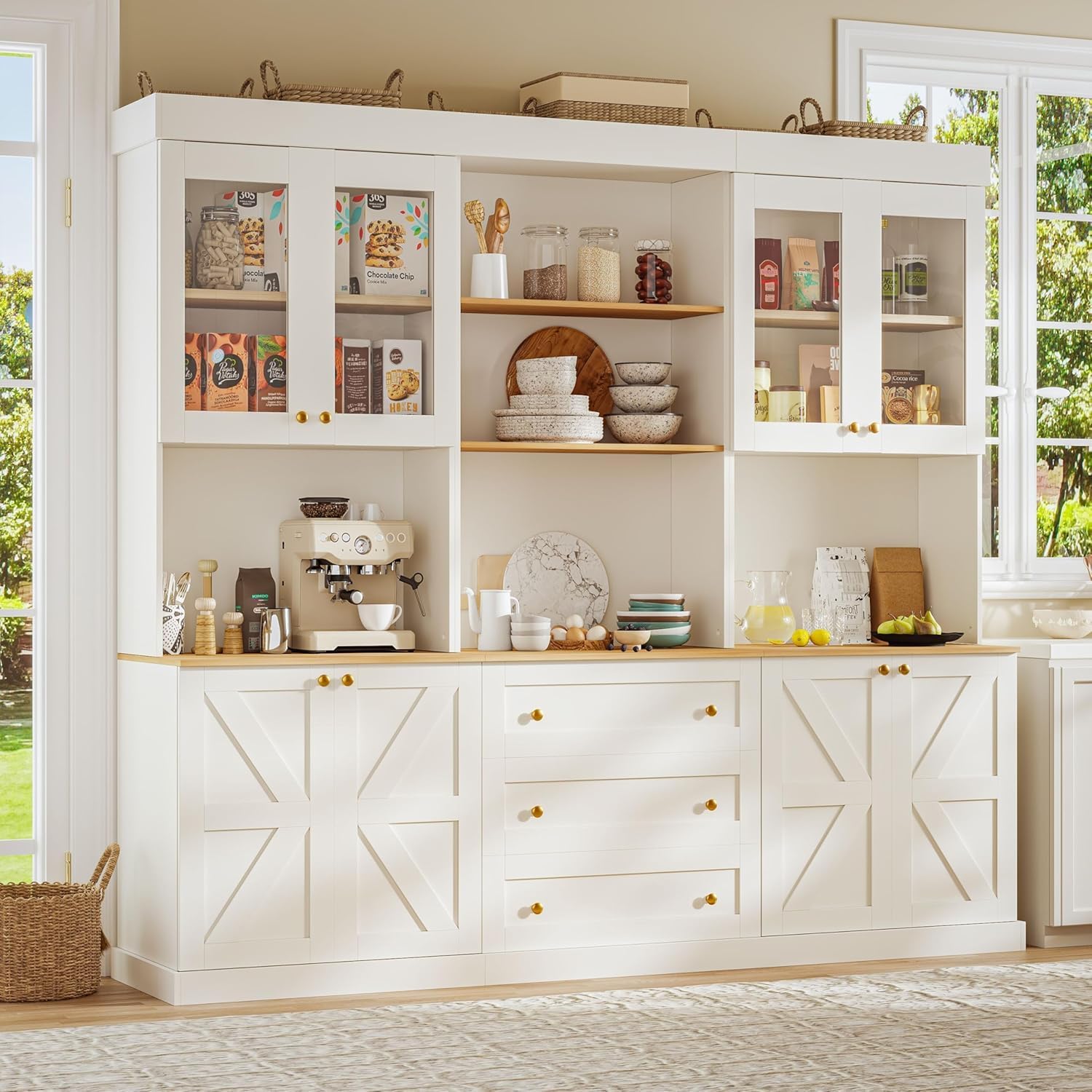 ivaniti 71' Farmhouse Kitchen Pantry Cabinet Set of 3, White Freestanding Coffee Bar Hutch with Glass Doors, Drawers & Adjustable Shelves, Large Storage Cabinet with Microwave Stand for Kitchen