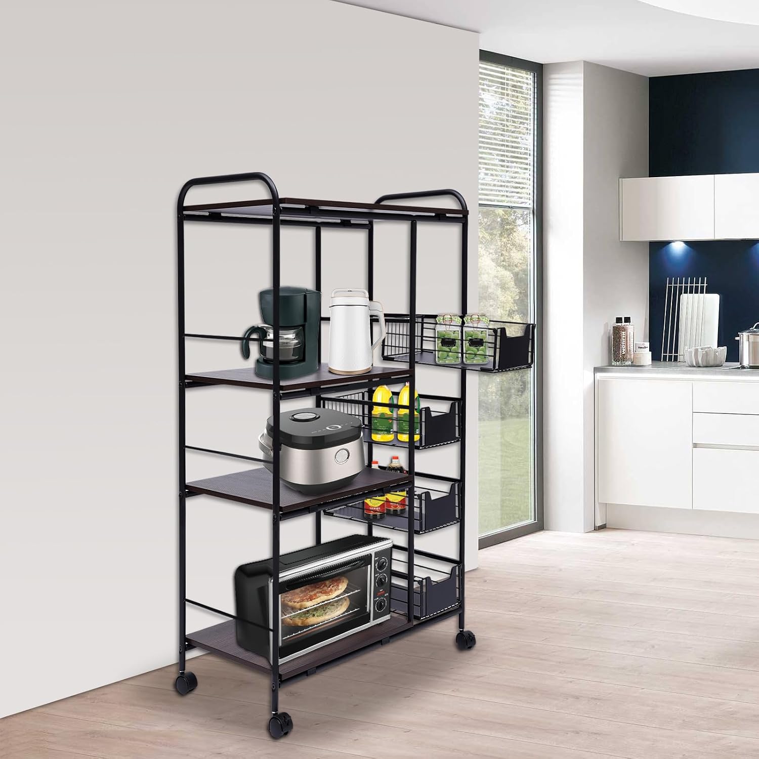 5-Tier Kitchen Standing Baker's Rack with Power Outlet, Kitchen Storage Rack with Wire Basket
