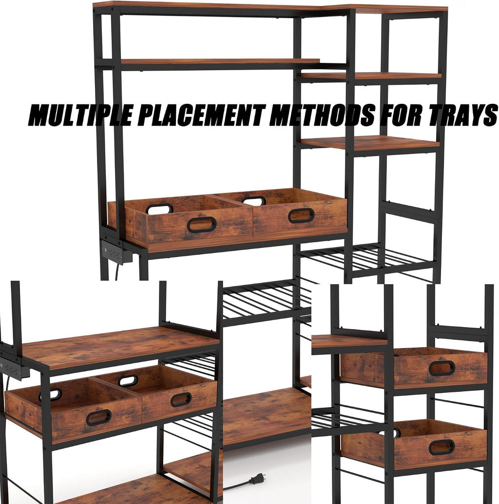 Large Bakers Rack with Power Outlet,49.6 Inch Farmhouse Coffee Bar with Tray, Kitchen Microwave Stand with Storage, Shelf Rack(Rustic Brown)