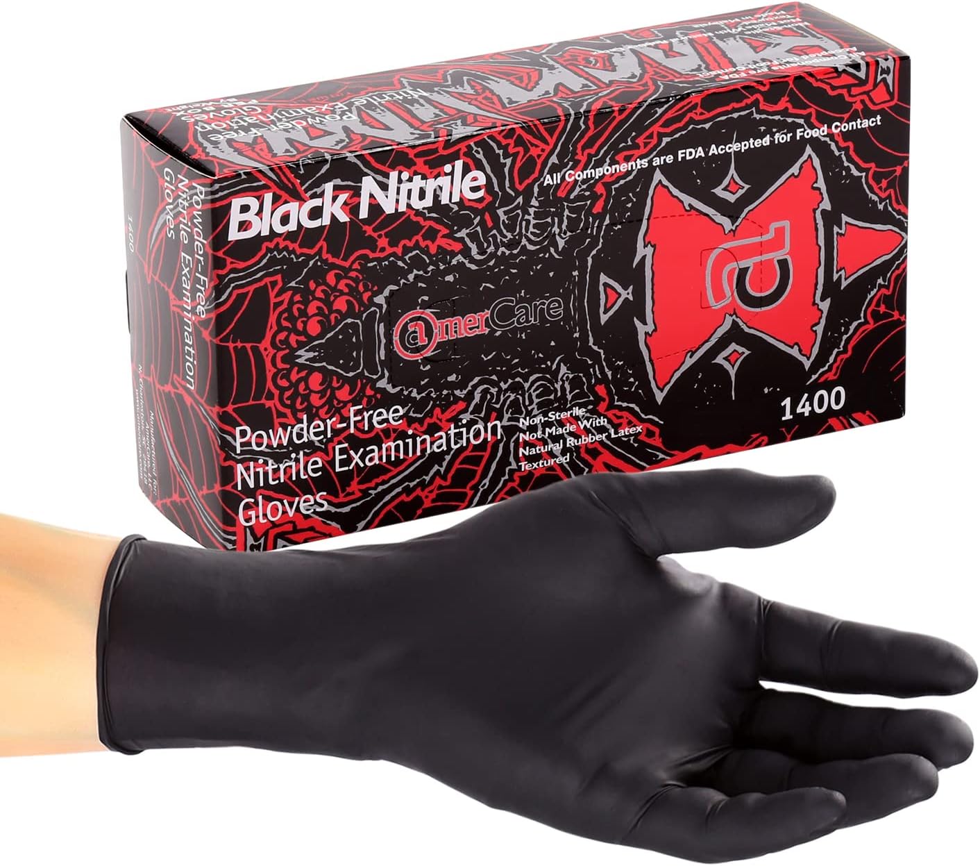 AmerCare Black Widow Powder Free Nitrile Exam Grade Gloves for Medical Professionals, 5.0 mil, XX-Large, Case of 1000