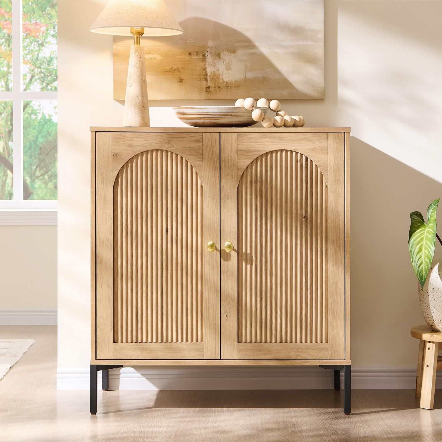 IFGET Modern Buffet Cabinet with Storage, 34' Tall Fluted Arched Sideboard Cabinet w/Adjustable Shelves, Wooden Modular Coffee Bar for Dining Room, Kitchen, Living Room, Entryway, Natural