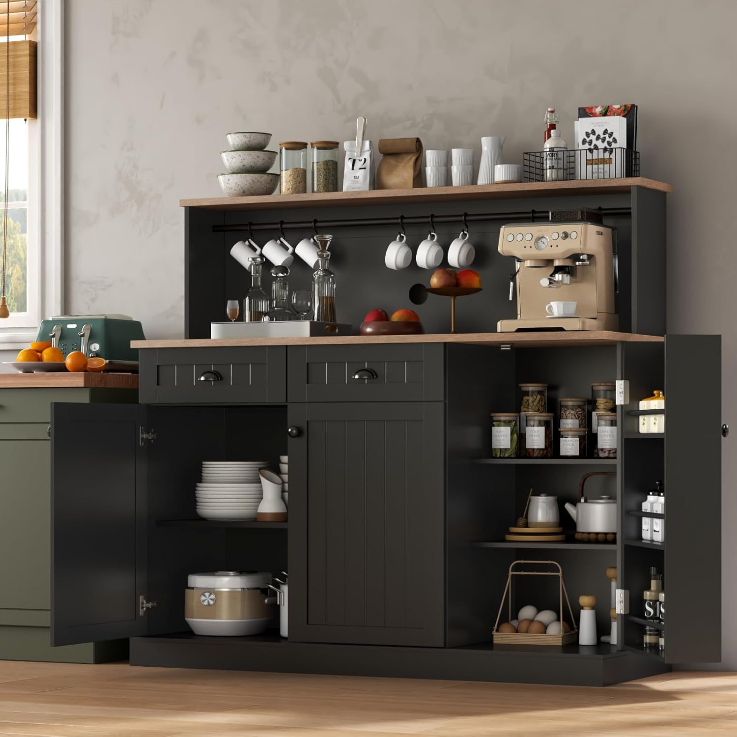 Gyfimoie Sideboard Buffet Cabinet with 2 Drawers, Farmhouse Kitchen Pantry with Adjustable Shelves, Coffee Bar Cupboard Cabinet with 3 Doors for Kitchen, Dining Room (Black)
