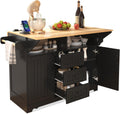 55.7'' Large Kitchen Island w/2 Drop Leaf,, Rolling Kitchen Cart on 5 Wheels with Power Outlet, Folding Storage Dining Table with Spice & Towel Rack , 3 Drawers, for Kitchen, Dining Room (Black )