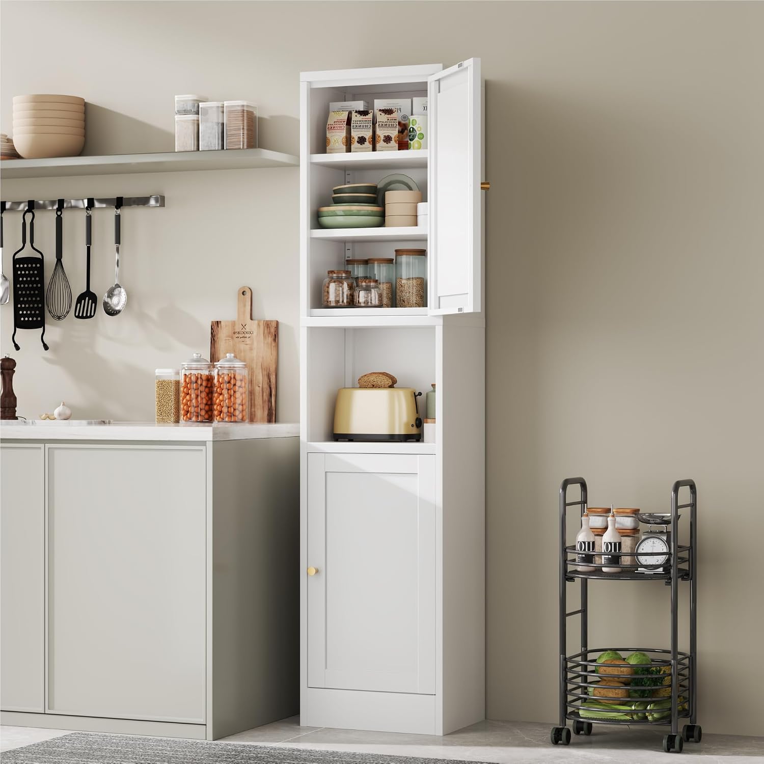 YAUWOH 2-Door Metal Storage Cabinet, Tall Slim Pantry Organizer with 3 Adjustable Shelves (120LBS/Shelf), Anti-Tipping Waterproof Cabinet for Bathroom/Kitchen/Home Office/Small Spaces, (1PC,White)