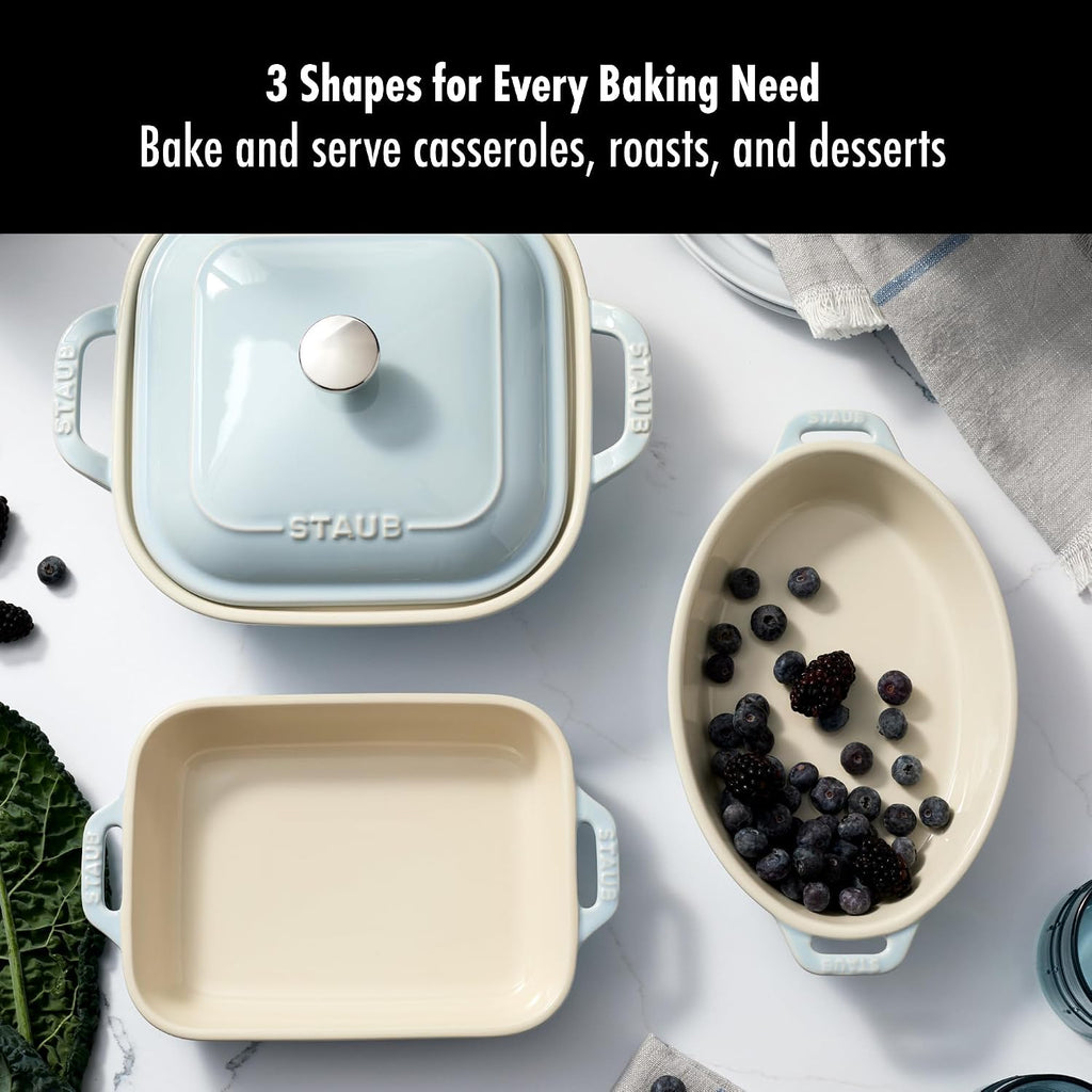 Staub Ceramic 4-pc Baking Pans Set, Casserole Dish with Lid, Brownie Pan, Light Blue
