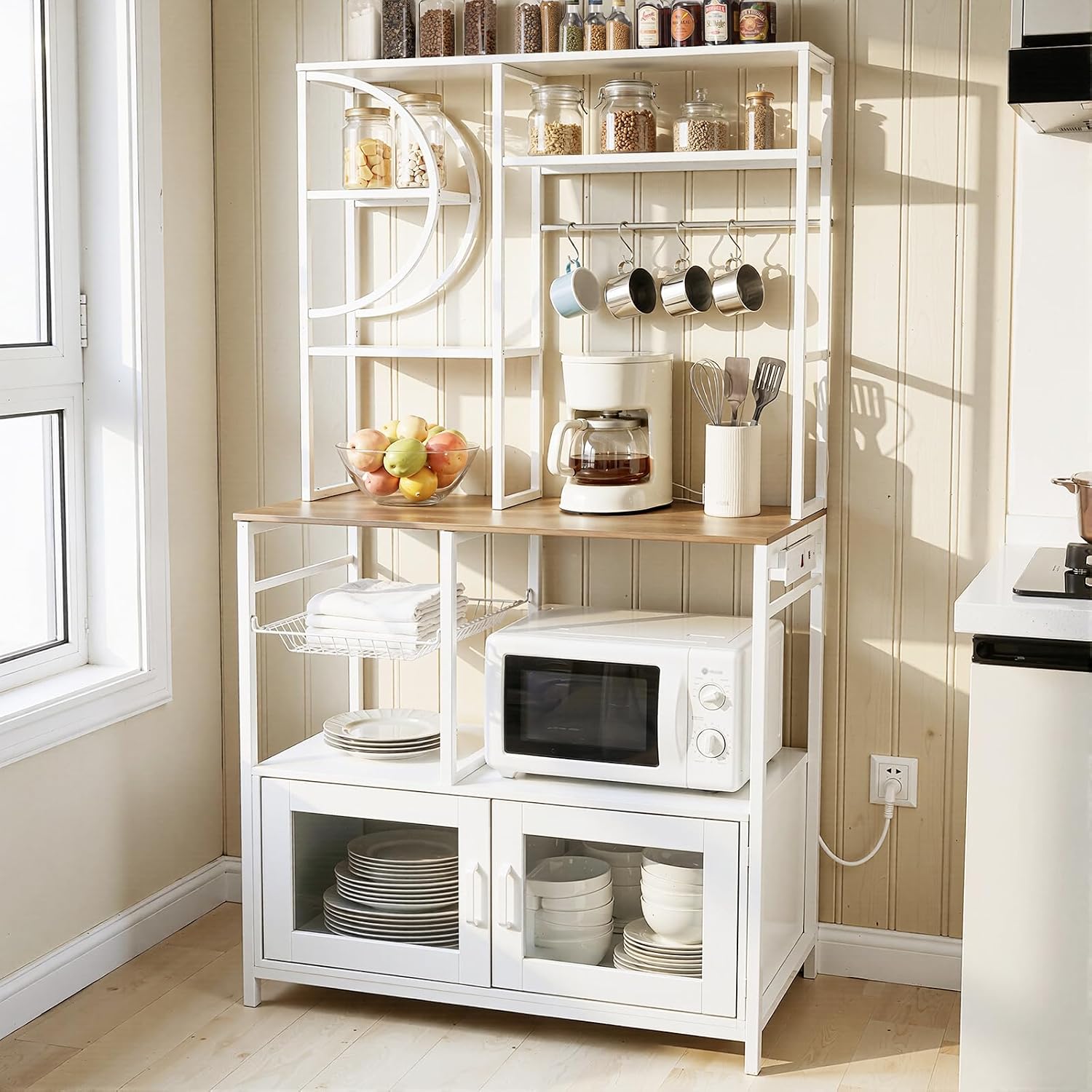 Uieke Bakers Rack with Power Outlet and Storage, Kitchen Bakers Rack with Cabinet & 10 Hooks, Coffee Bar Cabinet, Microwave Stand, 5 Tiers Kitchen Storage Rack for Dining Room & Small Spaces, White