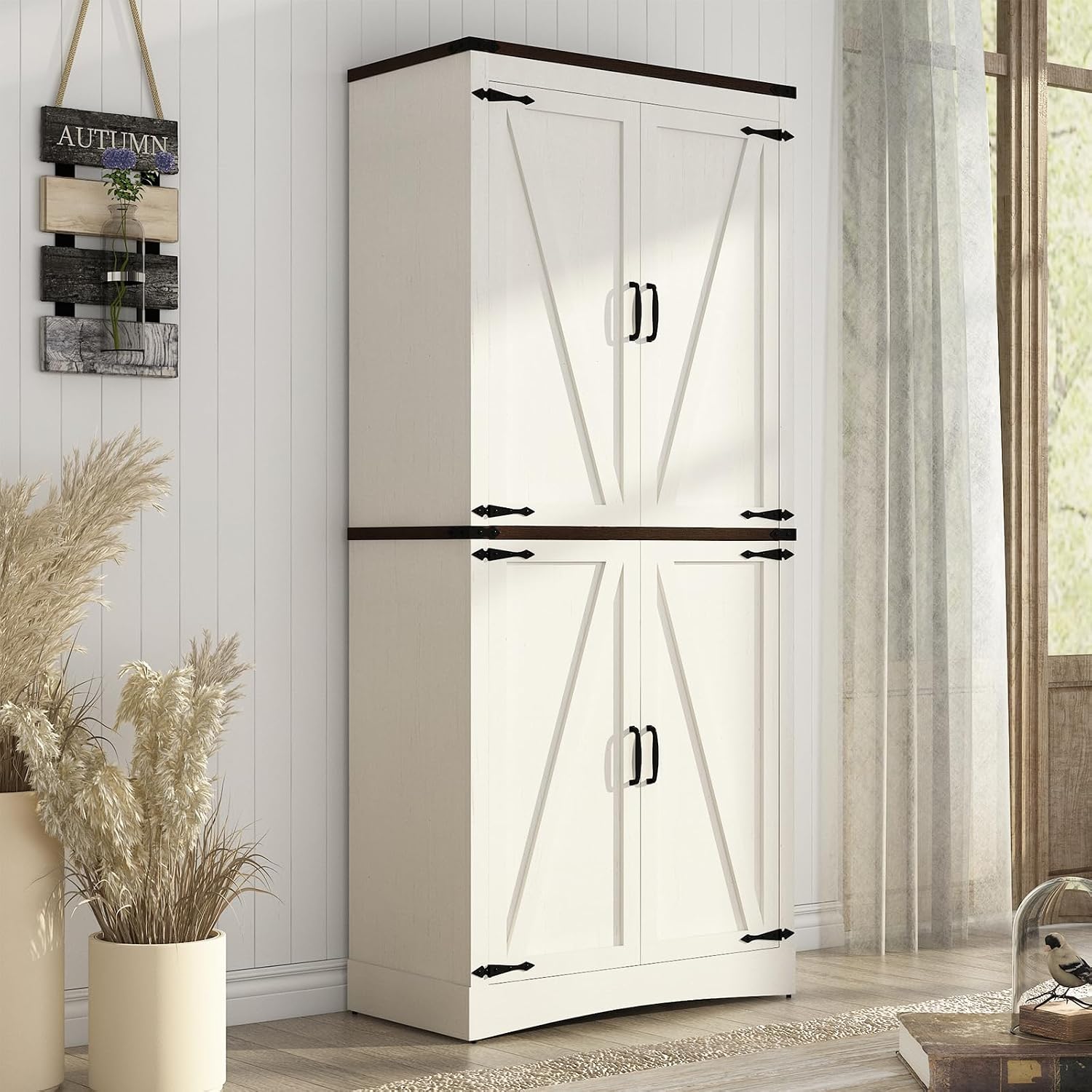 Hlivelood 71' Tall Kitchen Pantry,Farmhouse Storage Cabinet with Adjustable Shelves,Load-Bearing Steel Pipe,Farmhouse Pantry Cabinet with 4 Barn Doors,for Kitchen,Dining Room,Living Room(Rustic White)