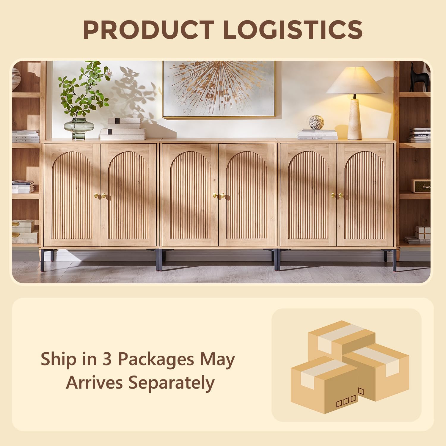 IFGET Modern Buffet Cabinet with Storage, 92.63' W Fluted Arched Sideboard Cabinet w/Adjustable Shelves, Wooden Modular Coffee Bar for Dining Room, Kitchen, Living Room, Entryway, Natural