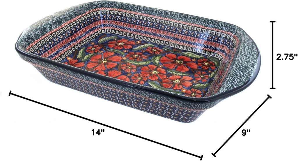 Blue Rose Polish Pottery - Red Jungle Flower Large Rectangular Baker with Handles - 11.5' x 9.25' - Unique, Dishwasher Safe, & Durable Bakeware