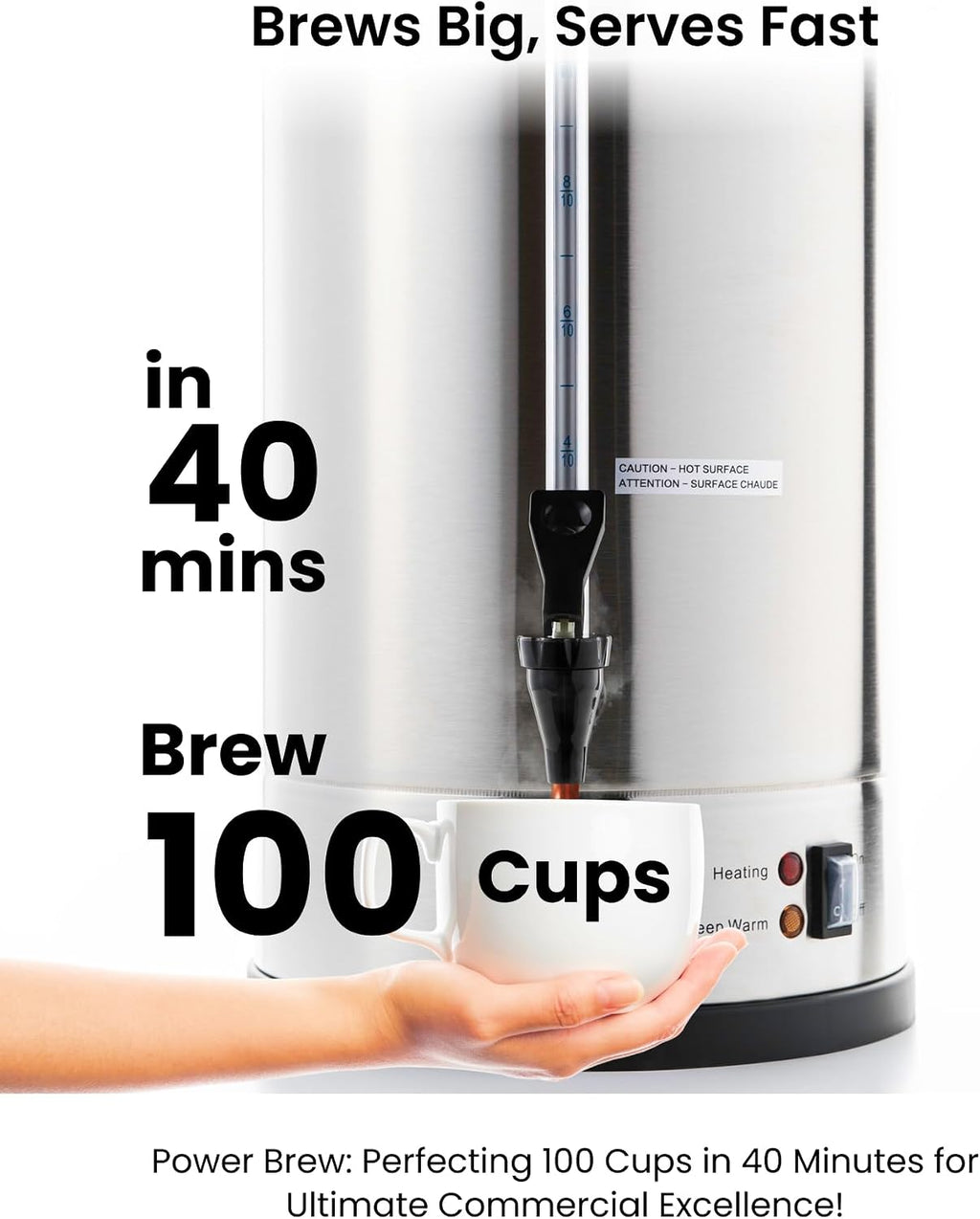 SYBO SR-CP100B Commercial Coffee Urn & Hot Beverage Dispenser, Fast Brew, Keeps Warm – Ideal for Coffee, Tea, Water at Events & Catering, 100-Cup 16 L,Metallic