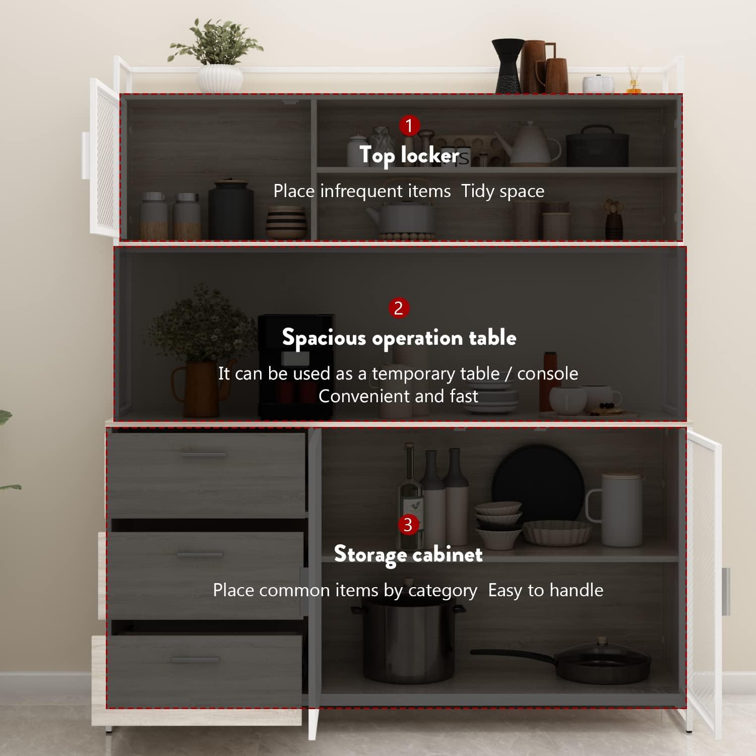 AGOTENI Large Kitchen Hutch Cabinet, Storage Cupboard Pantry with 3 Metal Doors, 3 Drawers & Microwave Shelf, for Kitchen Open Storage, Oak (59' W x 15.7' D x 68.5' H)