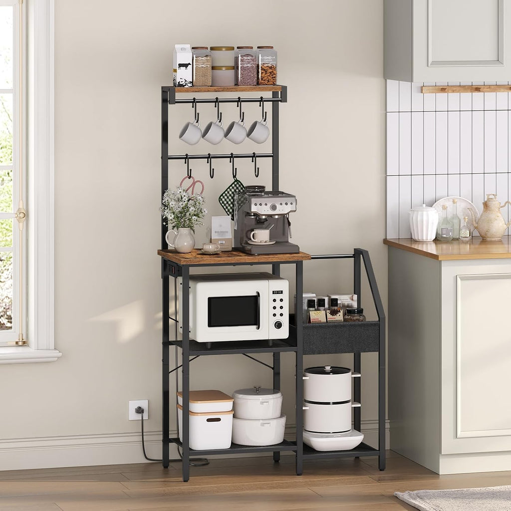 MAHANCRIS Bakers Rack with Mini Fridge Shelf and Bakers Rack with Power Outlet Bundle, Kitchen Storage Shelf, BRHR5401-BRHR74E01