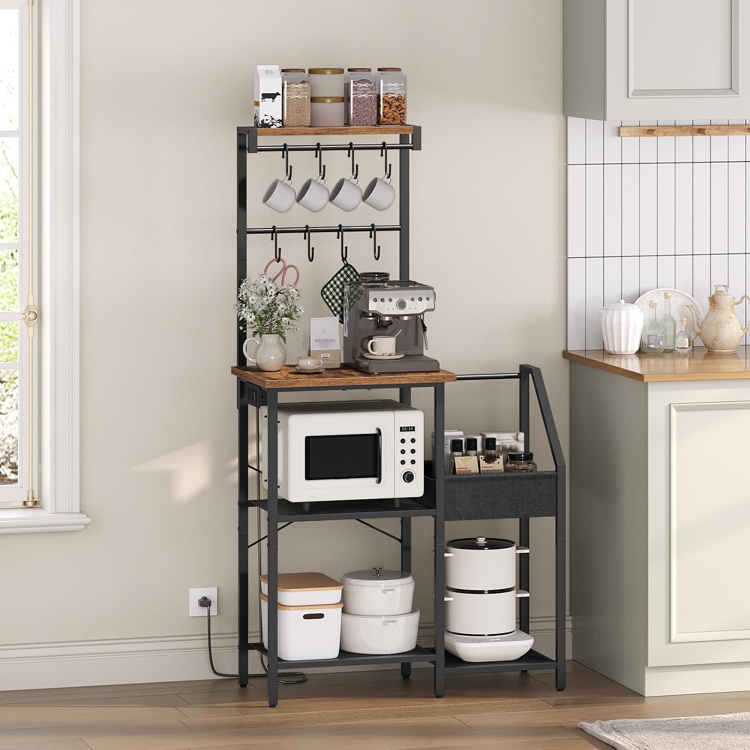 MAHANCRIS Bakers Rack with Mini Fridge Shelf and Bakers Rack with Power Outlet Bundle, Kitchen Storage Shelf, BRHR5401-BRHR74E01
