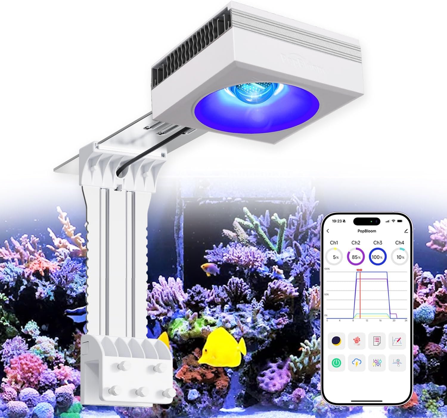 PopBloom 2026 New Launch 120W WiFi & APP Programmable LED Reef Aquarium Light, for 36' 48' 50' 72' Marine SPS LPS Corals & Saltwater Tanks (RL115 with Arm Kit)